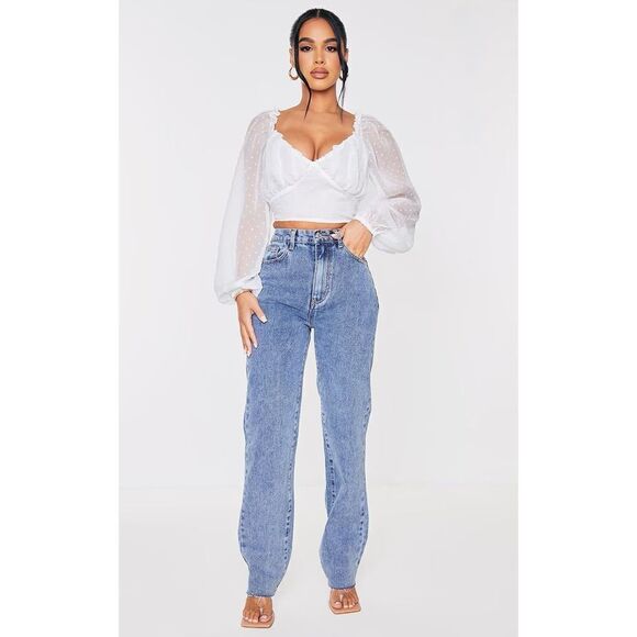 NWT PrettyLittleThing Petite White Dobby Mesh Chiffon Sweetheart Blouse- Sz 0 - Picture 1 of 4